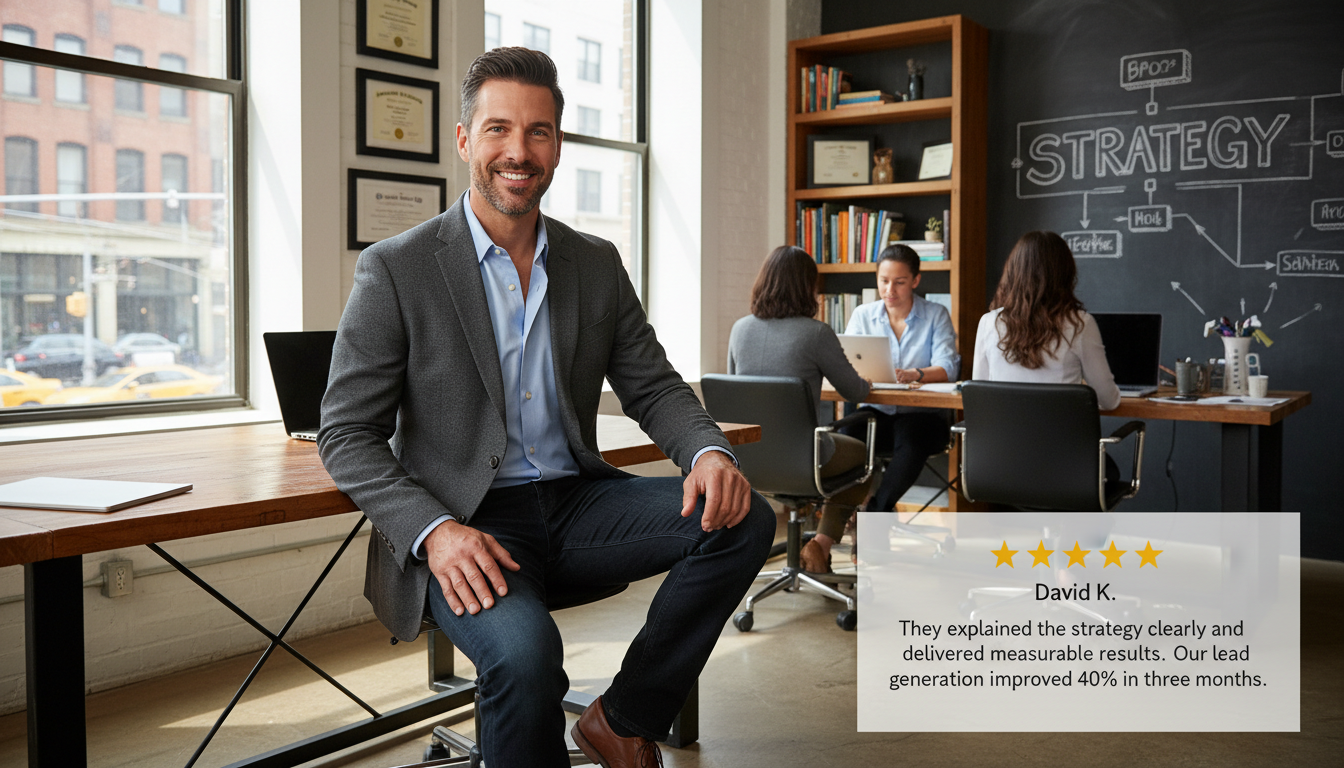 Business owner David K. with 5-star review testimonial about AI digital marketing results in New York, 40% lead improvement