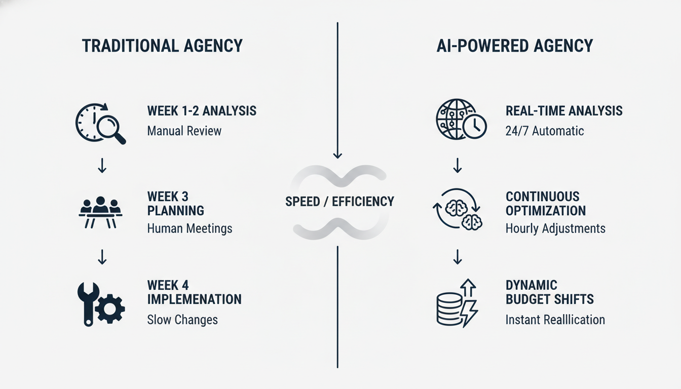Comparison diagram showing traditional agency process vs AI-powered real-time optimization workflow and speed advantages