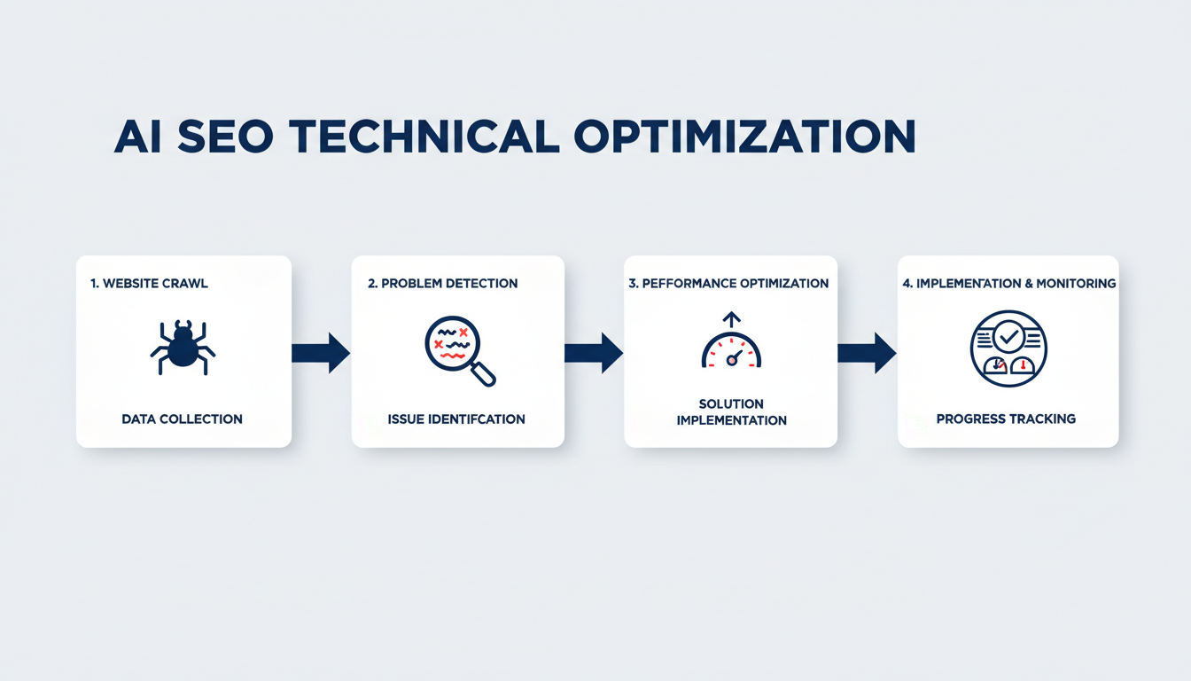 Technical SEO optimization workflow diagram showing crawl, detection, optimization, implementation steps