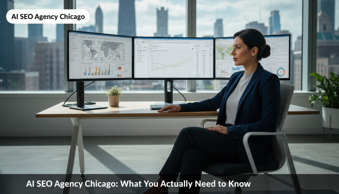 Professional at modern Chicago office workspace with analytics dashboards visible: AI SEO Agency Chicago