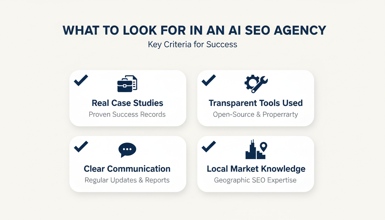 Checklist infographic: Real Case Studies, Transparent Tools, Clear Communication, Local Market Knowledge
