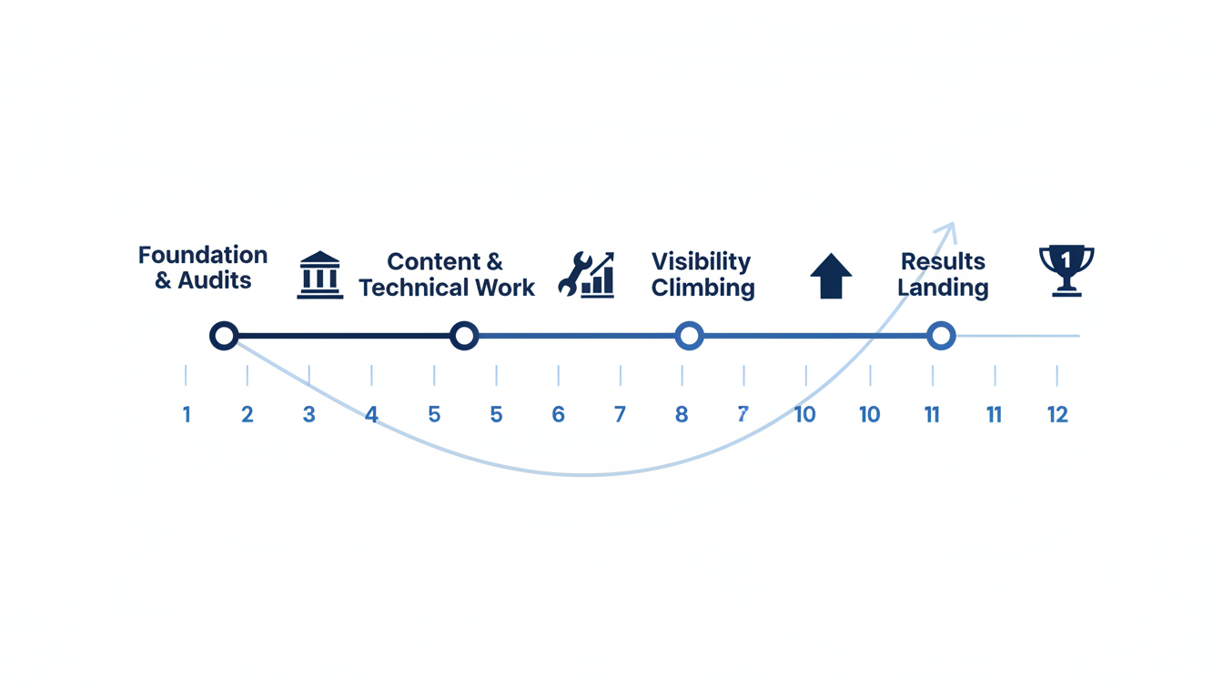 12-month SEO timeline showing progression from foundation through implementation to results landing