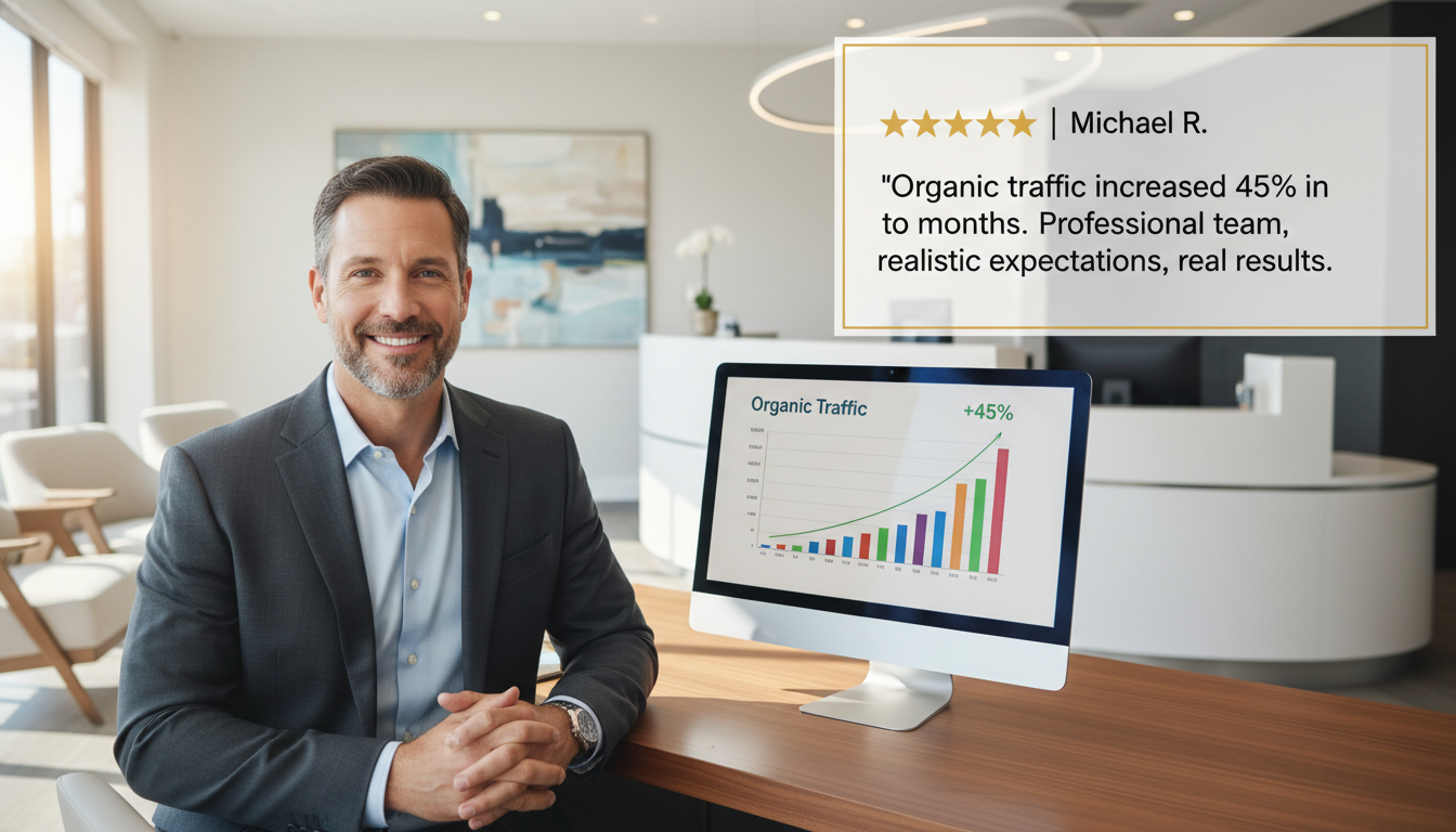 Business owner testimonial: 5-star review about 45% organic traffic increase from AI SEO Los Angeles services