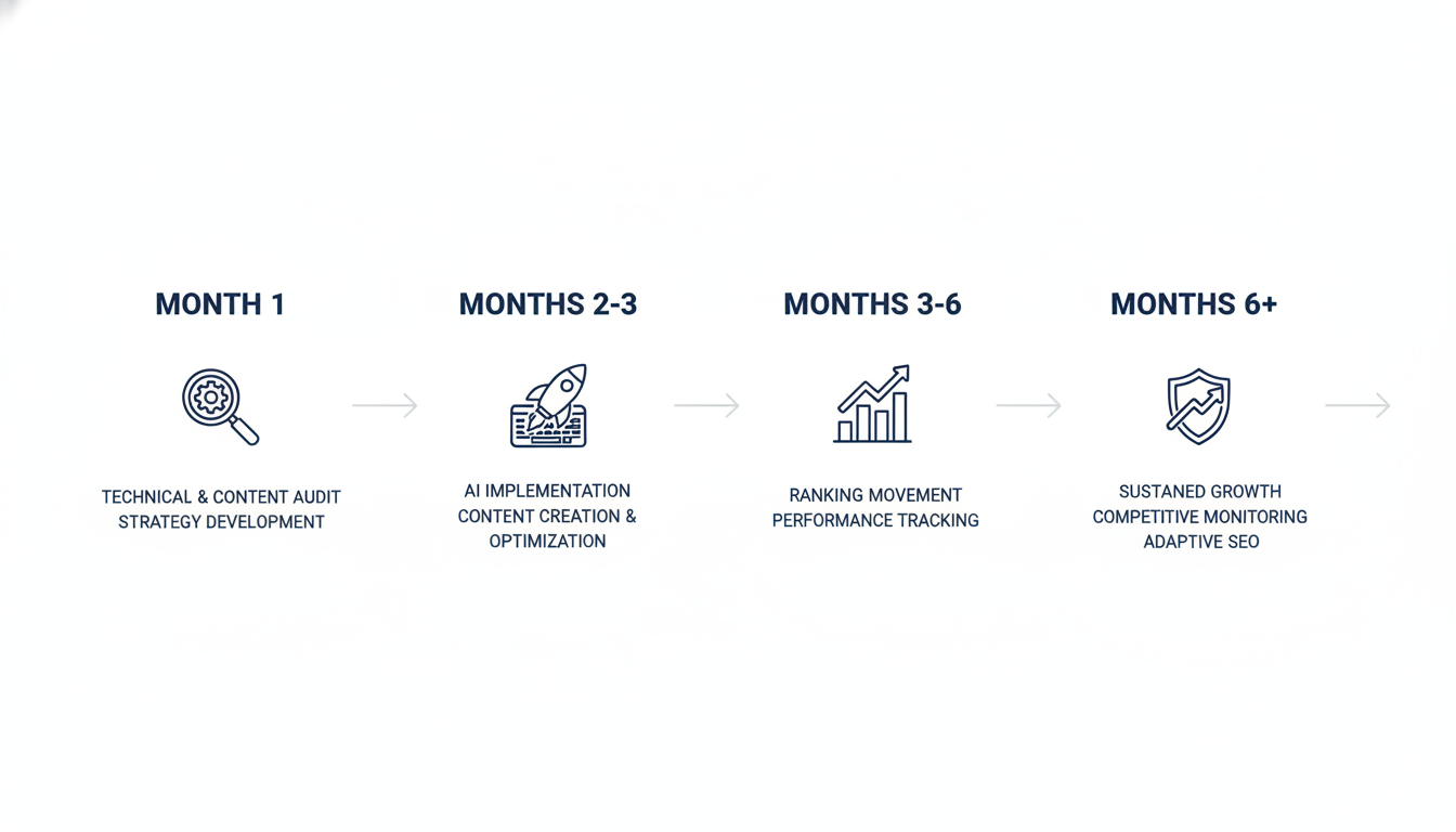 Timeline showing AI SEO process progression from month one audit through six months of growth