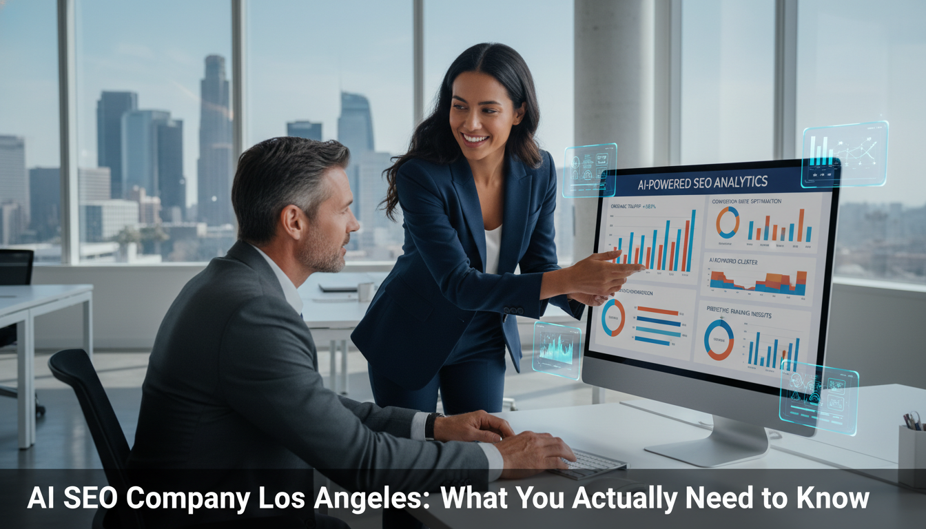 Digital strategist consulting with client in modern Los Angeles office about AI SEO strategy