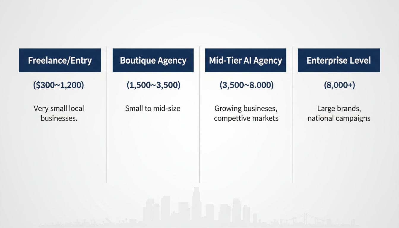 AI SEO pricing tiers for Los Angeles: freelance, boutique, mid-tier, and enterprise service levels