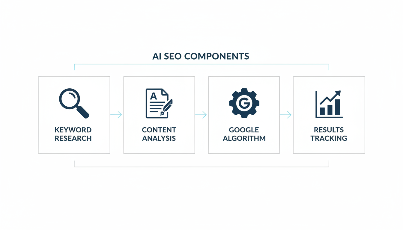 Infographic showing four core AI SEO components: keyword research, content analysis, Google algorithm, results tracking