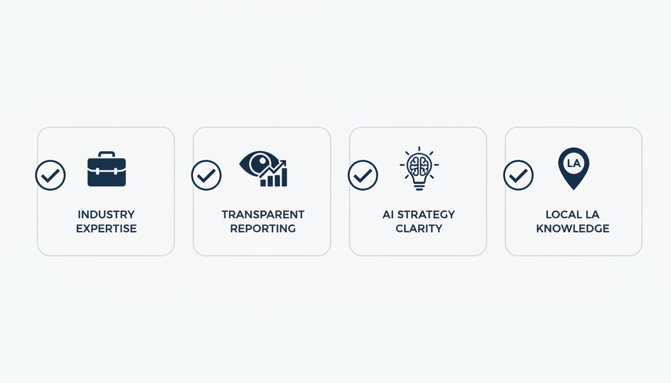 Agency selection checklist with four key evaluation criteria for Los Angeles SEO services