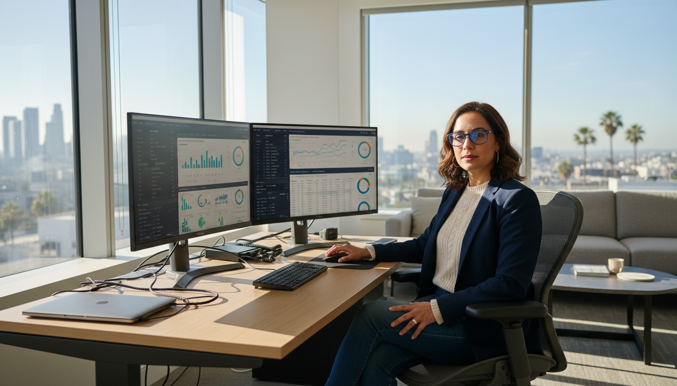 SEO strategist analyzing data on dual monitors in modern Los Angeles office with city views