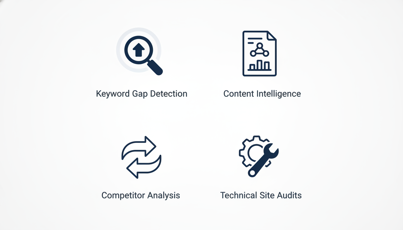Infographic showing four core AI SEO components: keyword detection, content intelligence, competitor analysis, technical audits