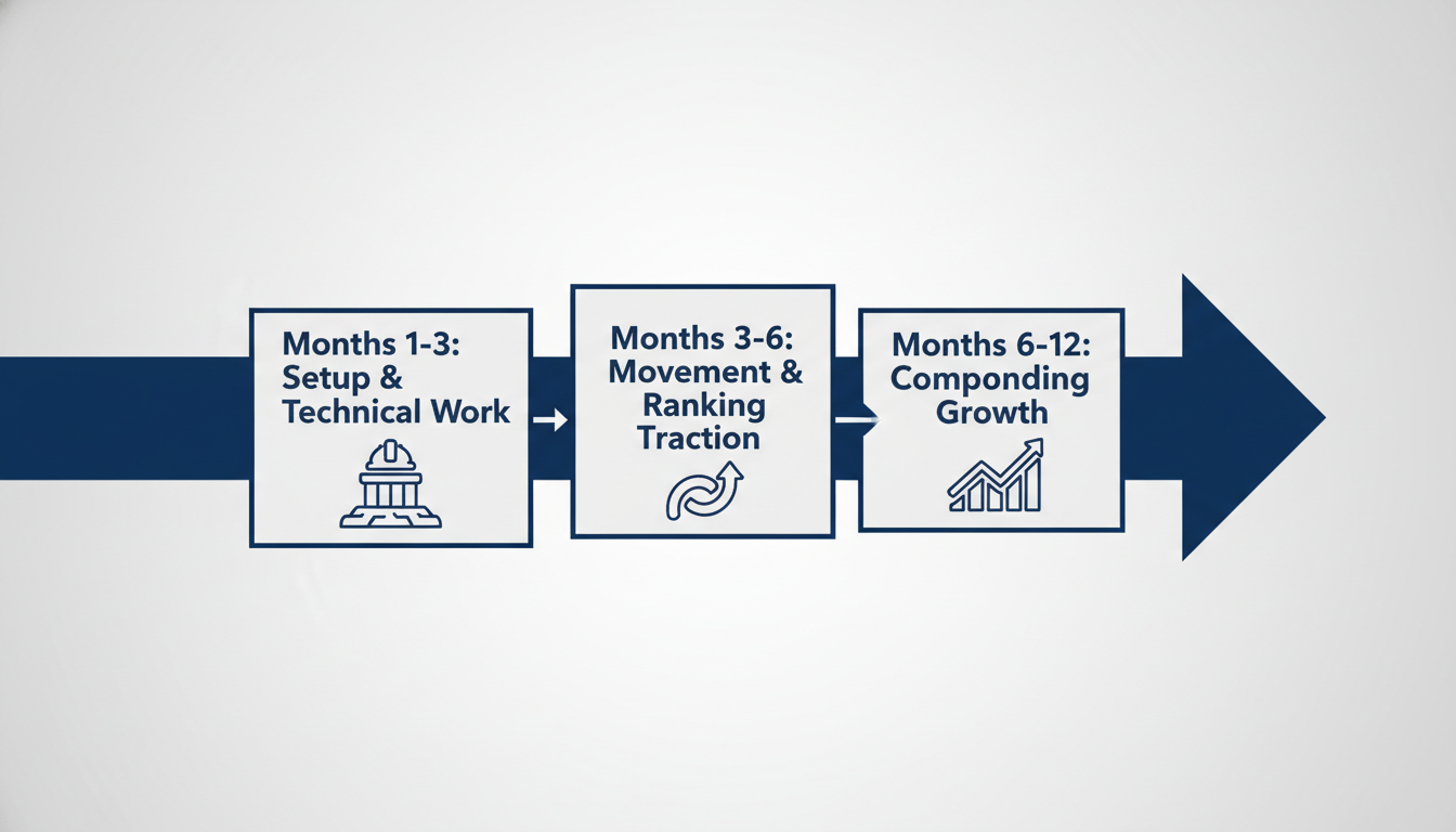 SEO results timeline diagram showing three-phase progression over 12 months in Los Angeles
