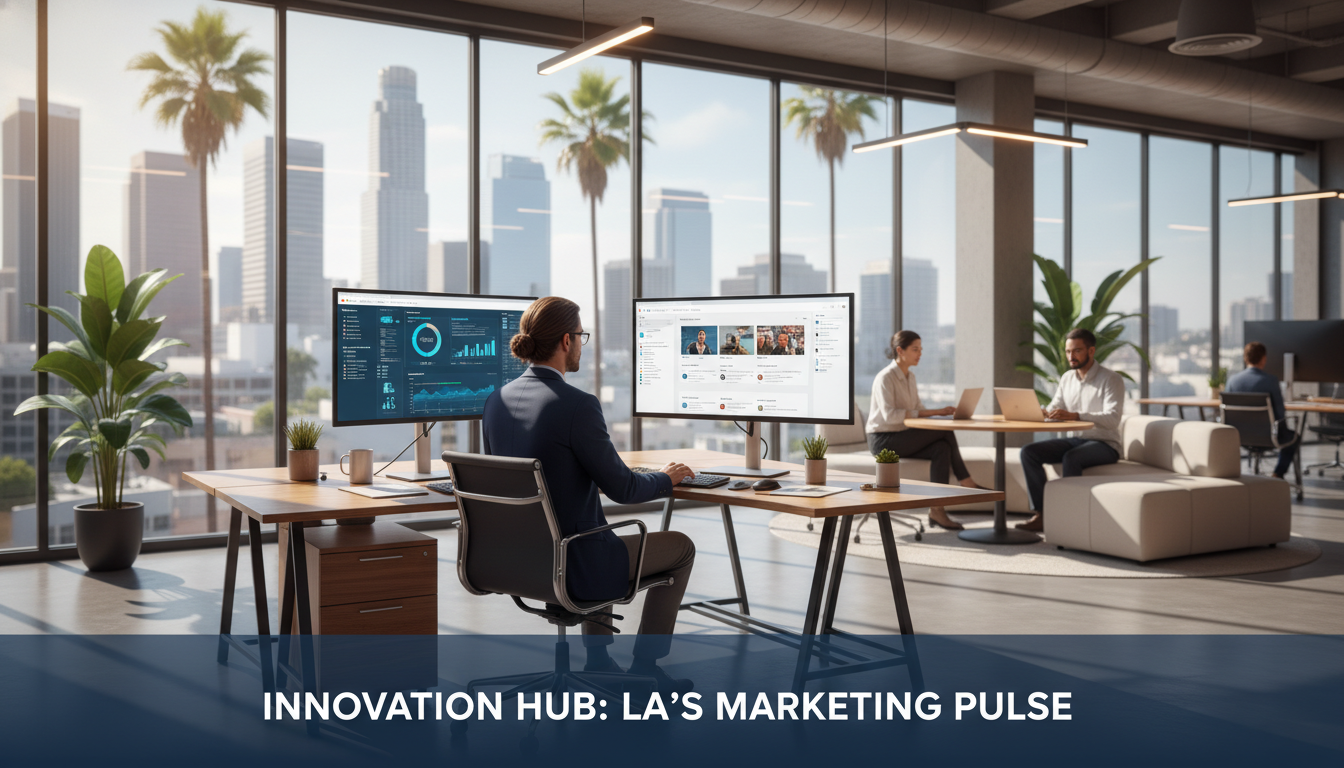 Modern LA marketing agency office with strategist reviewing analytics on dual monitors, downtown skyline view.