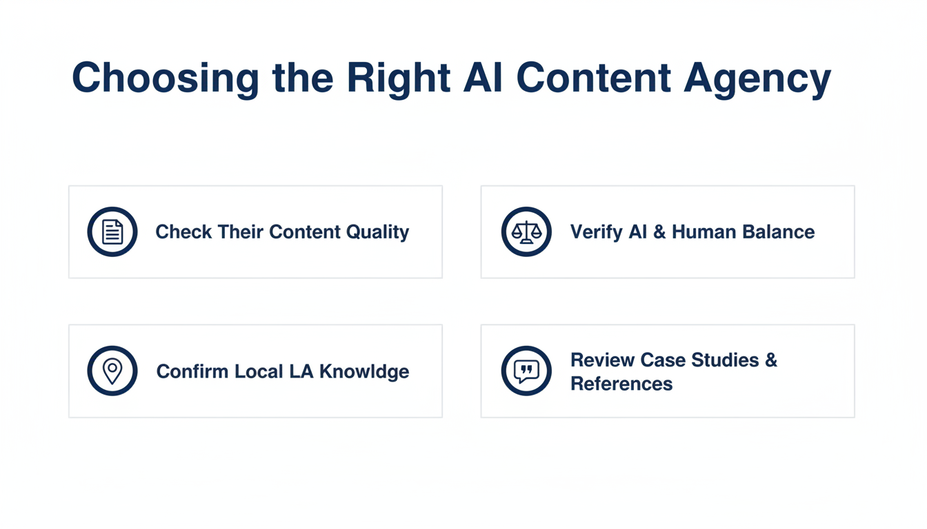 Checklist infographic for evaluating AI content agencies: quality, balance, local knowledge, references.