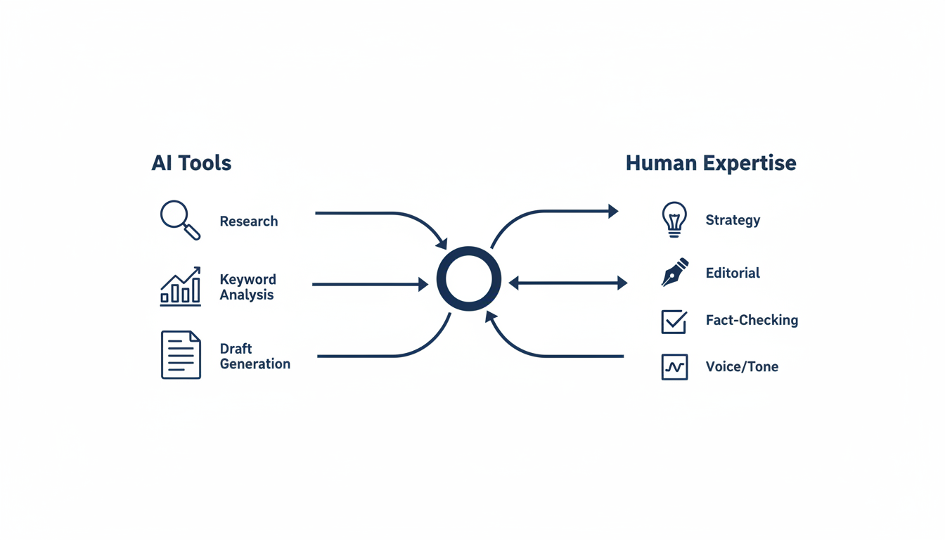 AI content marketing workflow showing AI tools and human expertise components collaborating together.