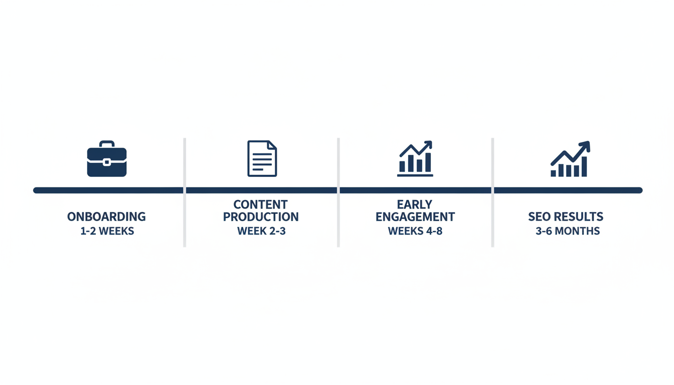 Timeline infographic showing AI content marketing process phases from onboarding through SEO results.