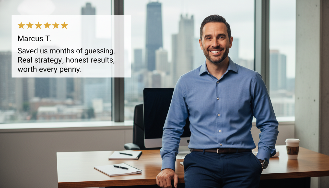 5-star customer review from satisfied Chicago business owner praising SEO consulting results with genuine testimonial and professional office setting.