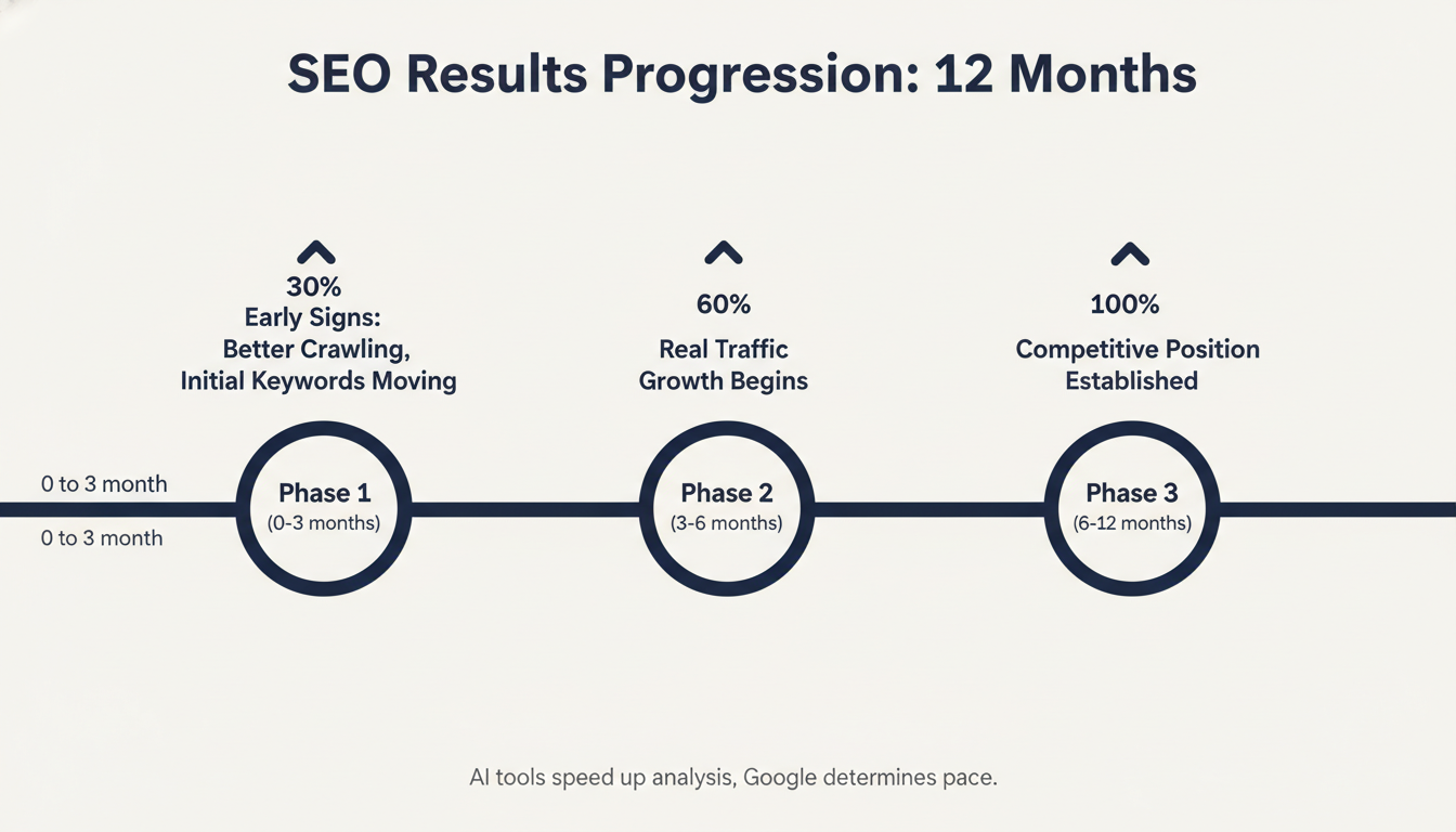 12-month SEO results timeline showing progression from early signs at 60-90 days through traffic growth at 4-6 months to competitive position at 9-12 months.