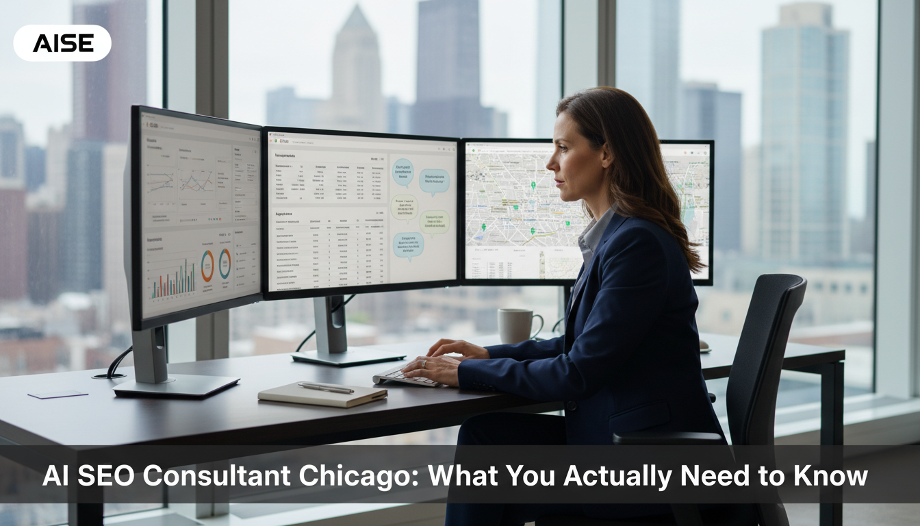 Professional SEO consultant analyzing AI analytics data at modern Chicago office desk with multiple monitors displaying keyword insights and strategic data.