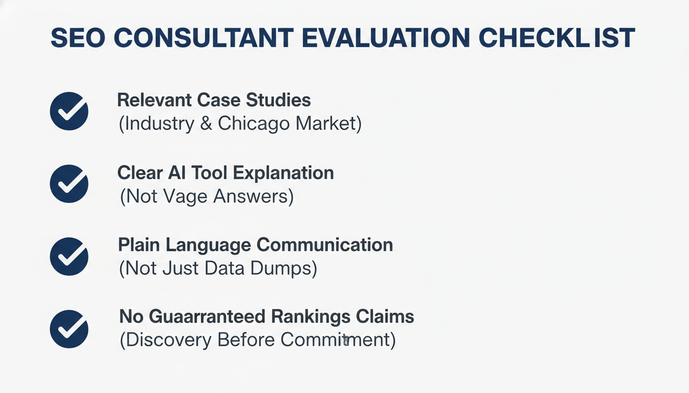 SEO consultant evaluation checklist: case studies, AI transparency, plain communication, no guaranteed rankings, and flexible contracts for Chicago businesses.