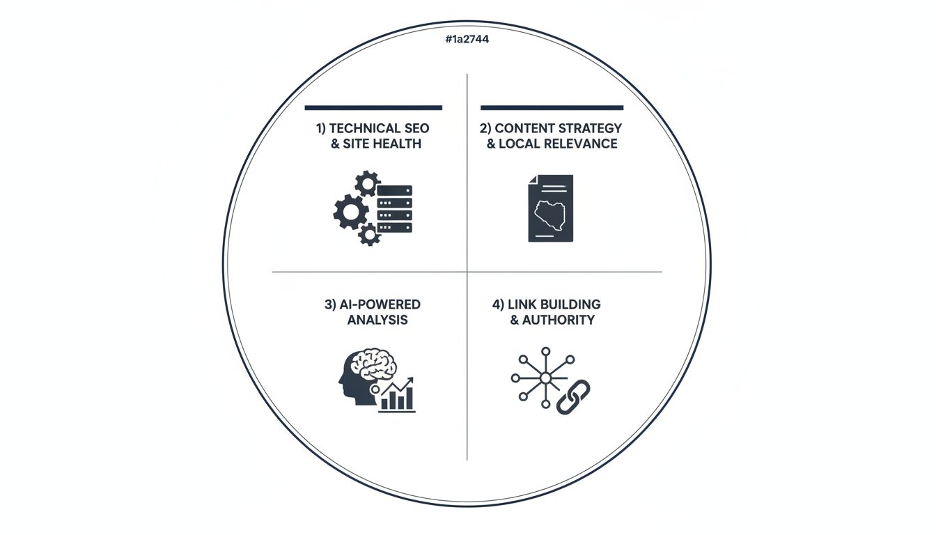 Four-part infographic showing core SEO consulting components: technical SEO, content strategy, AI analysis, and link building for Chicago businesses.