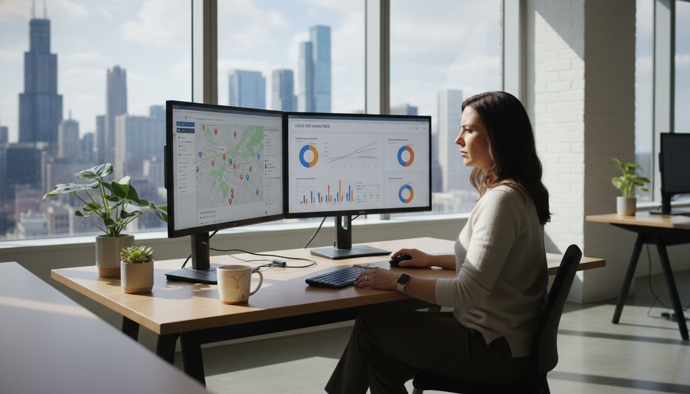 Digital strategist working at modern Chicago office desk with Google Maps and SEO analytics on dual monitors