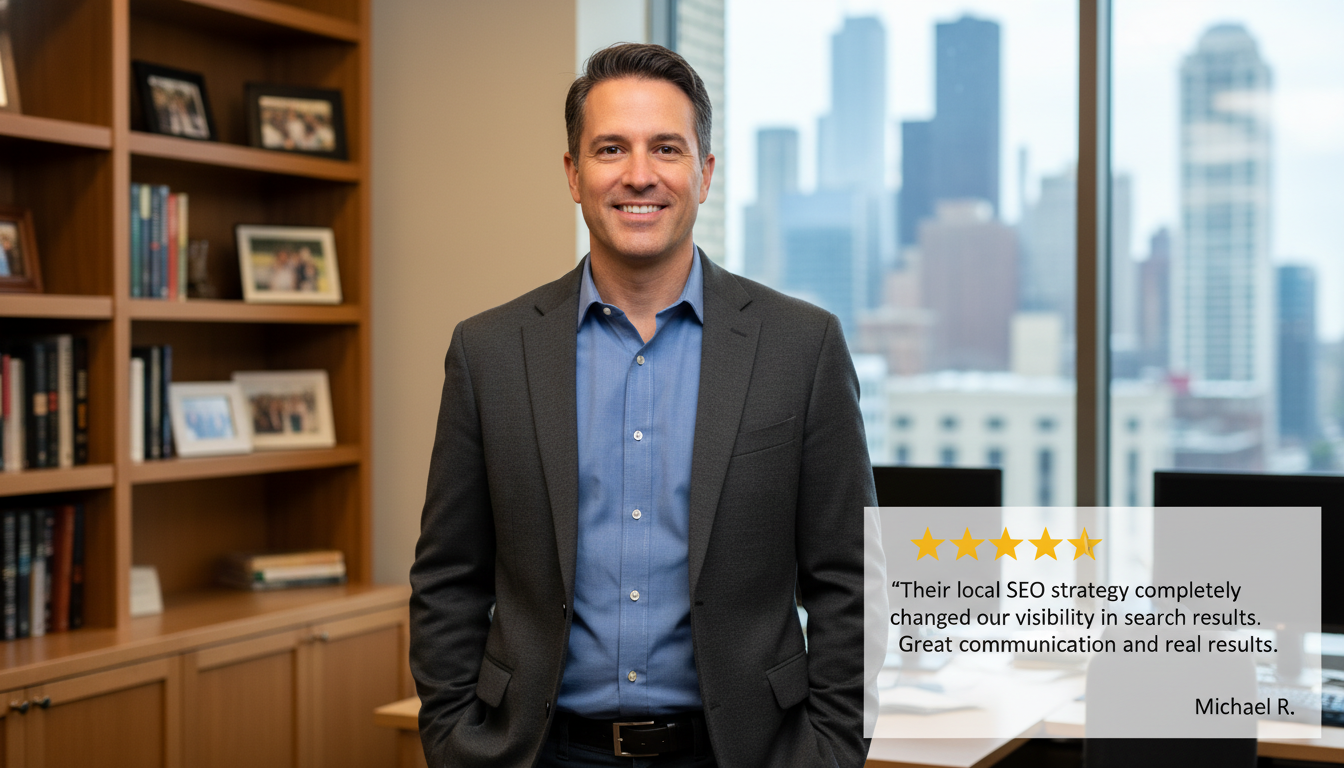 Satisfied Chicago business owner with 5-star review testimonial about improved search visibility results