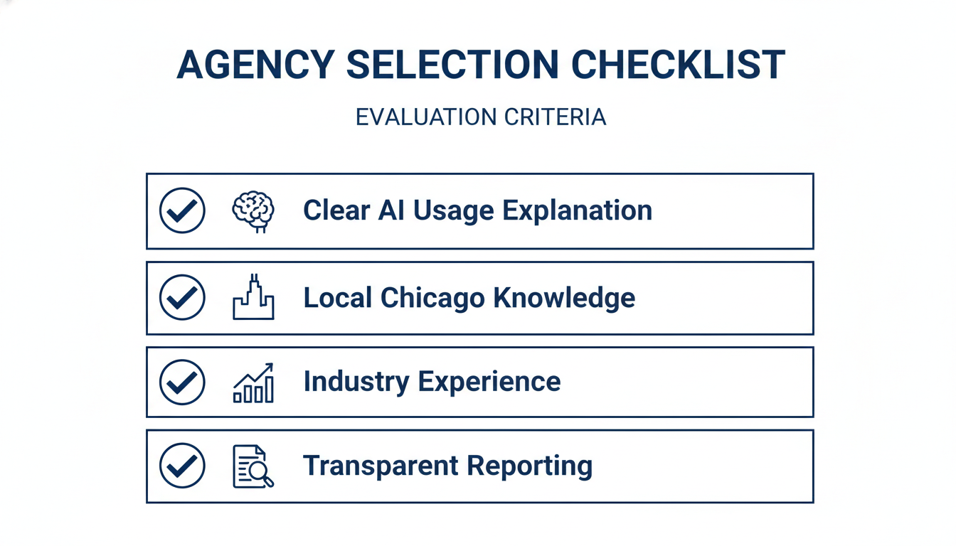 Agency selection checklist showing four key evaluation criteria: AI usage, local knowledge, experience, reporting