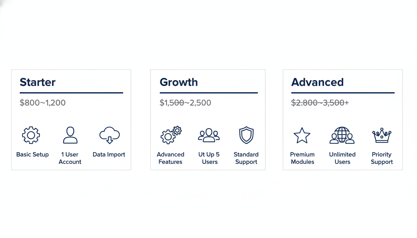 Pricing tier comparison chart: Starter, Growth, and Advanced plans with features and costs