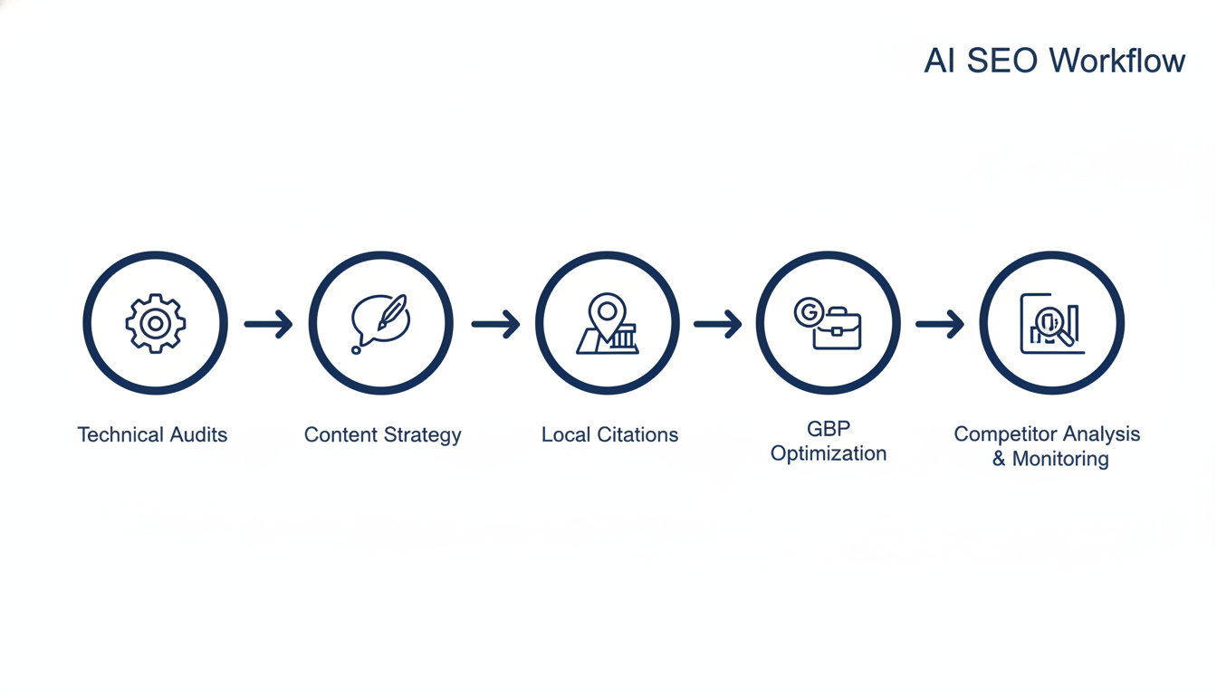 AI SEO workflow process diagram showing technical audits, content strategy, citations, optimization, and monitoring
