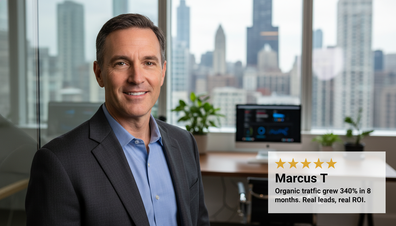 Business owner testimonial: confident professional with 5-star review overlay showing organic traffic growth results. AI SEO Agency, Chicago.