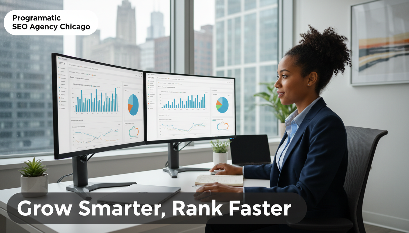 Chicago digital strategist reviewing SEO analytics on dual monitors showing keyword rankings and organic growth. AI SEO Agency, Chicago.