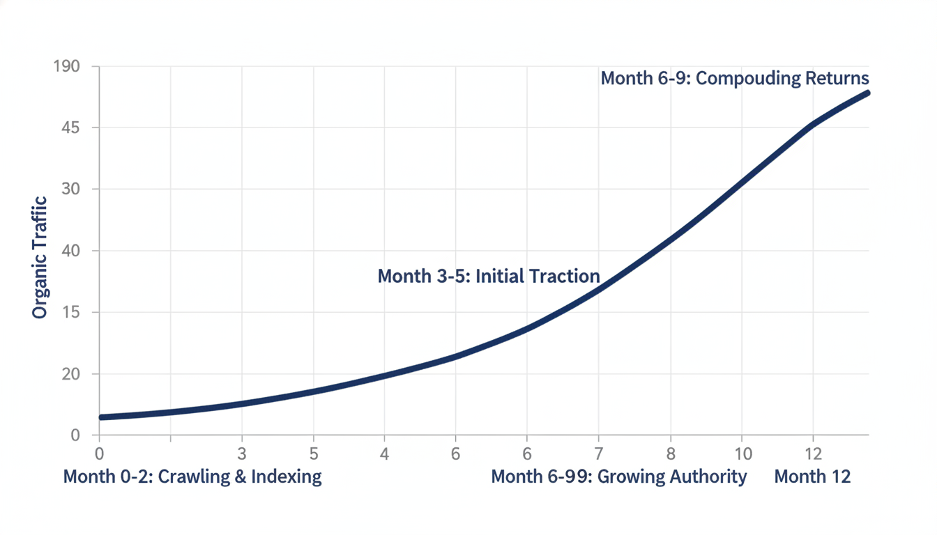 12-month SEO results timeline showing organic traffic growth from indexing through compounding returns. AI SEO Agency, Chicago.