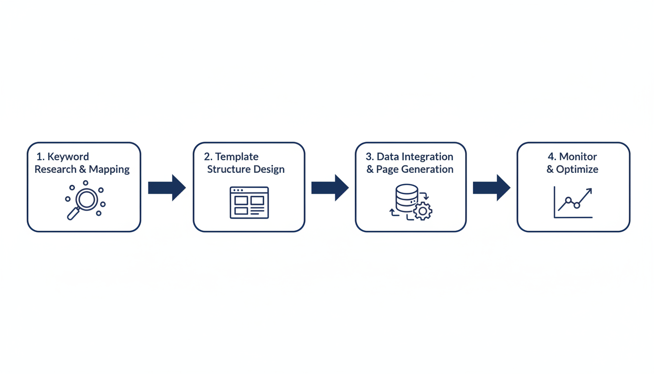 Four-step programmatic SEO process flowchart: keyword research, template design, data integration, and optimization. AI SEO Agency, Chicago.