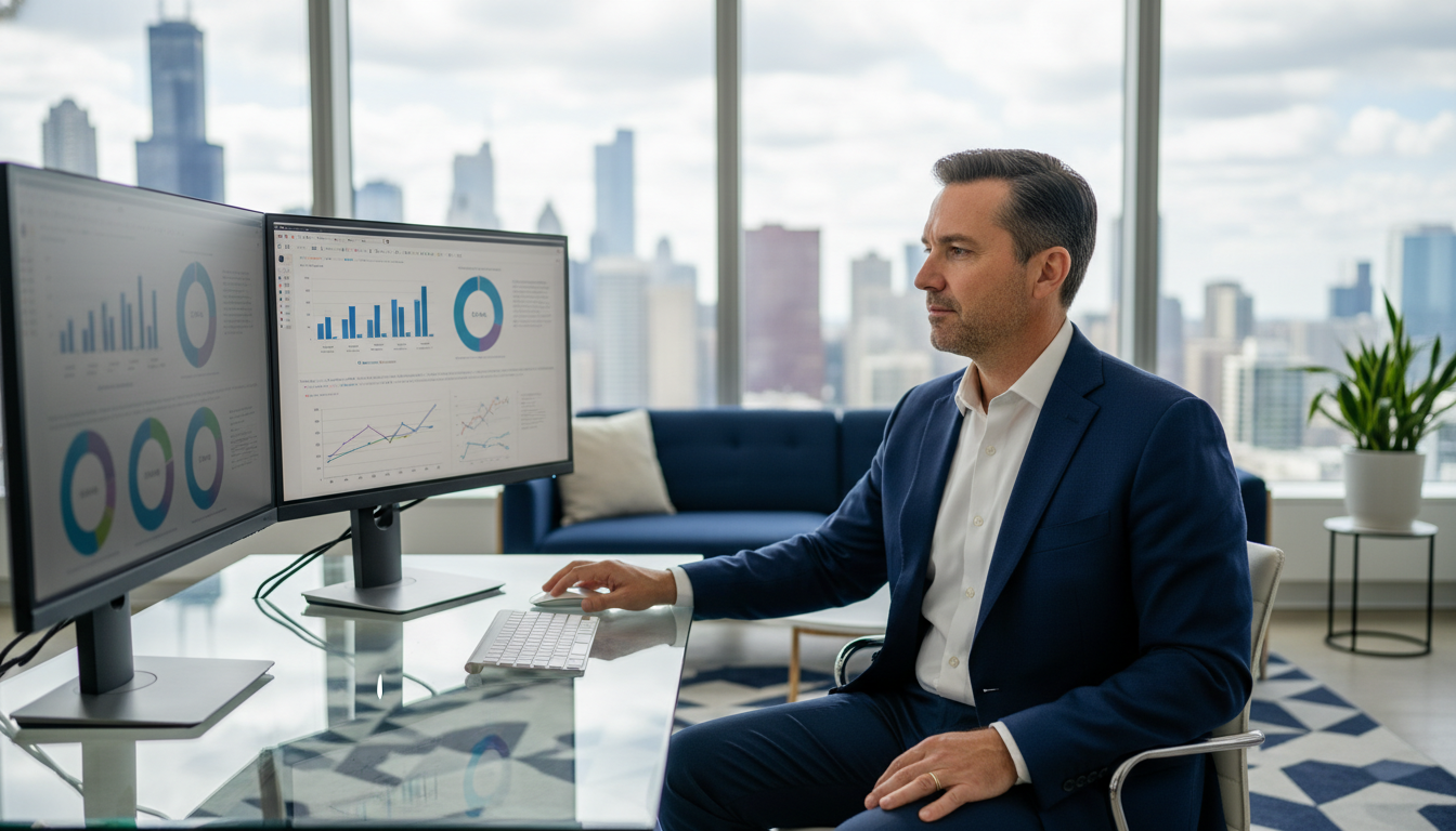 AI SEO consultant at modern Chicago office desk with analytics dashboards and skyline view