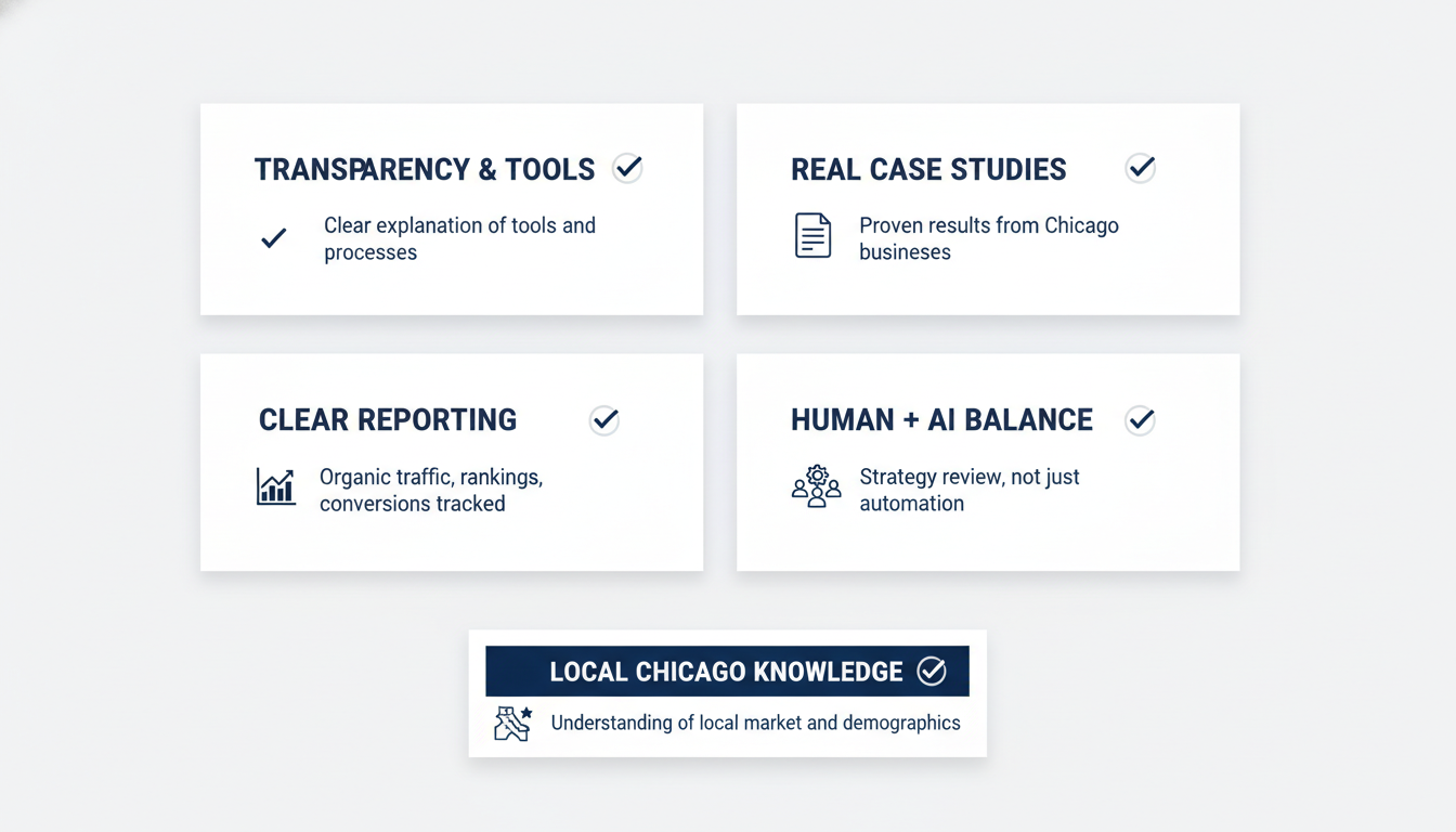 Provider evaluation checklist highlighting transparency, case studies, reporting, and local knowledge for AI SEO Chicago