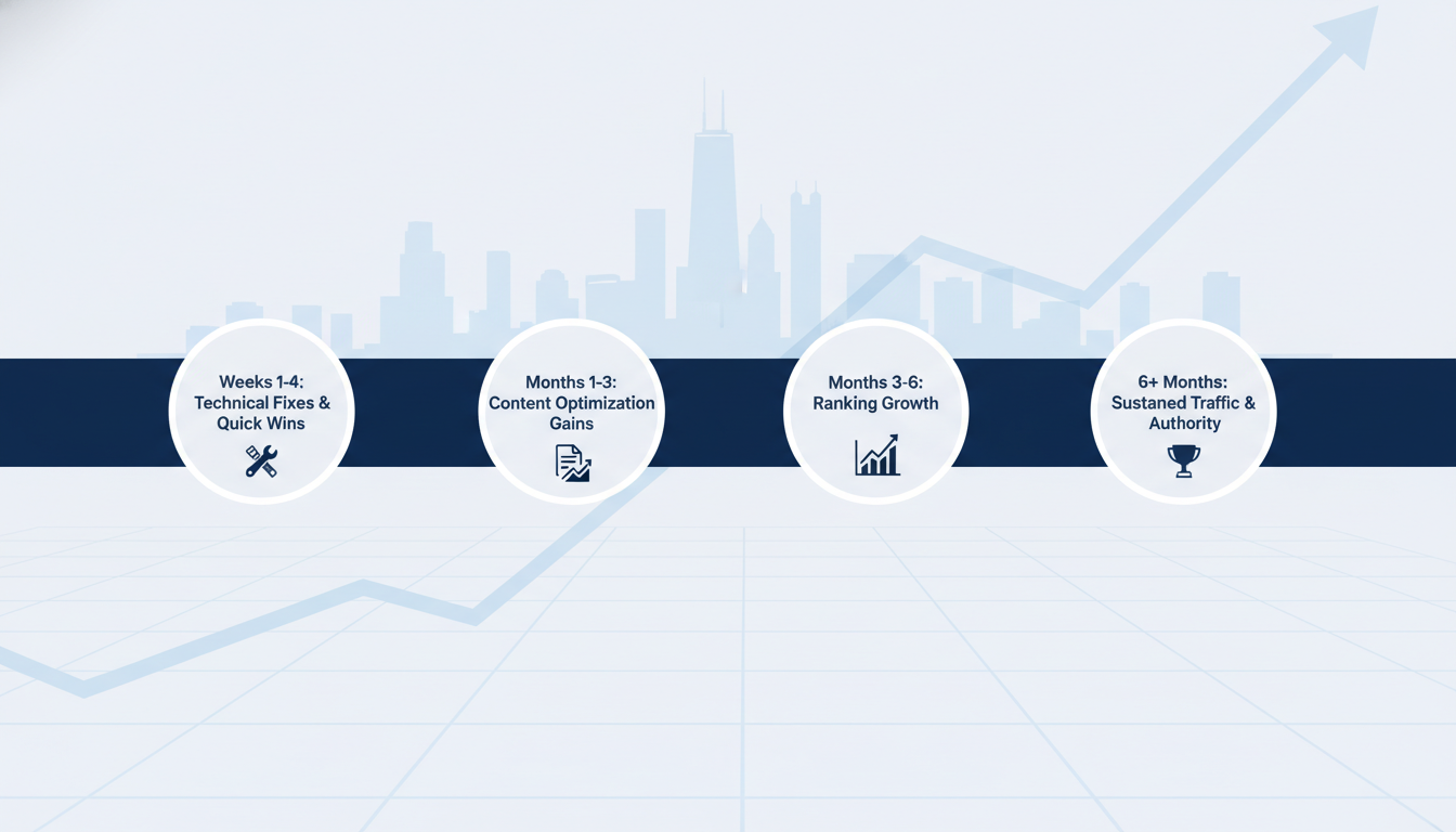 Timeline infographic showing 3-6 month AI SEO results progression for Chicago businesses