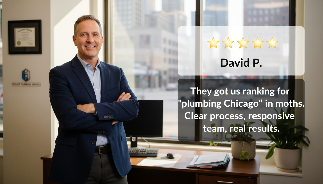 Satisfied business owner in Chicago office with 5-star testimonial about plumbing SEO results and ranking success