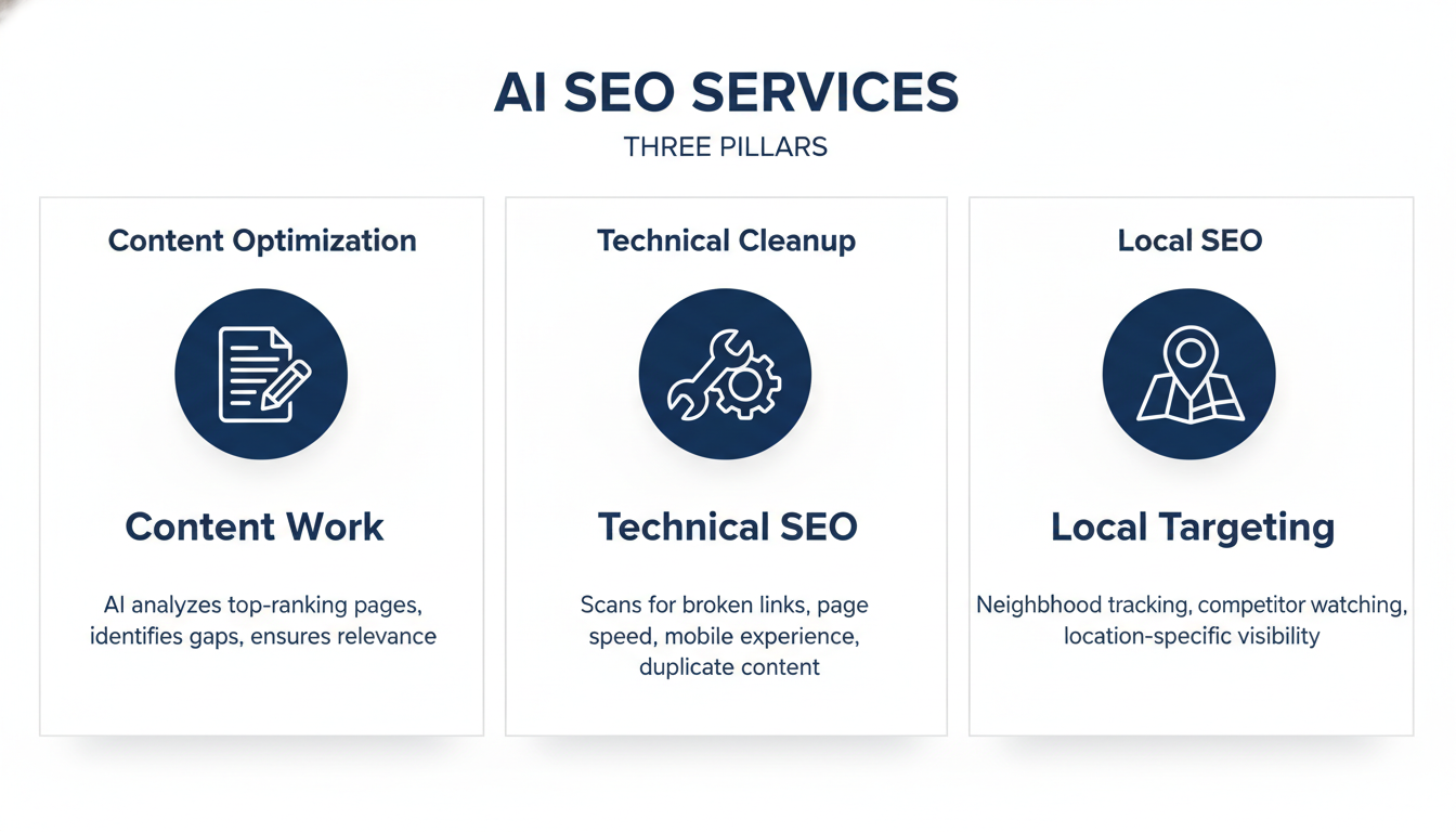 Three-pillar infographic showing AI SEO components: content optimization, technical cleanup, local targeting