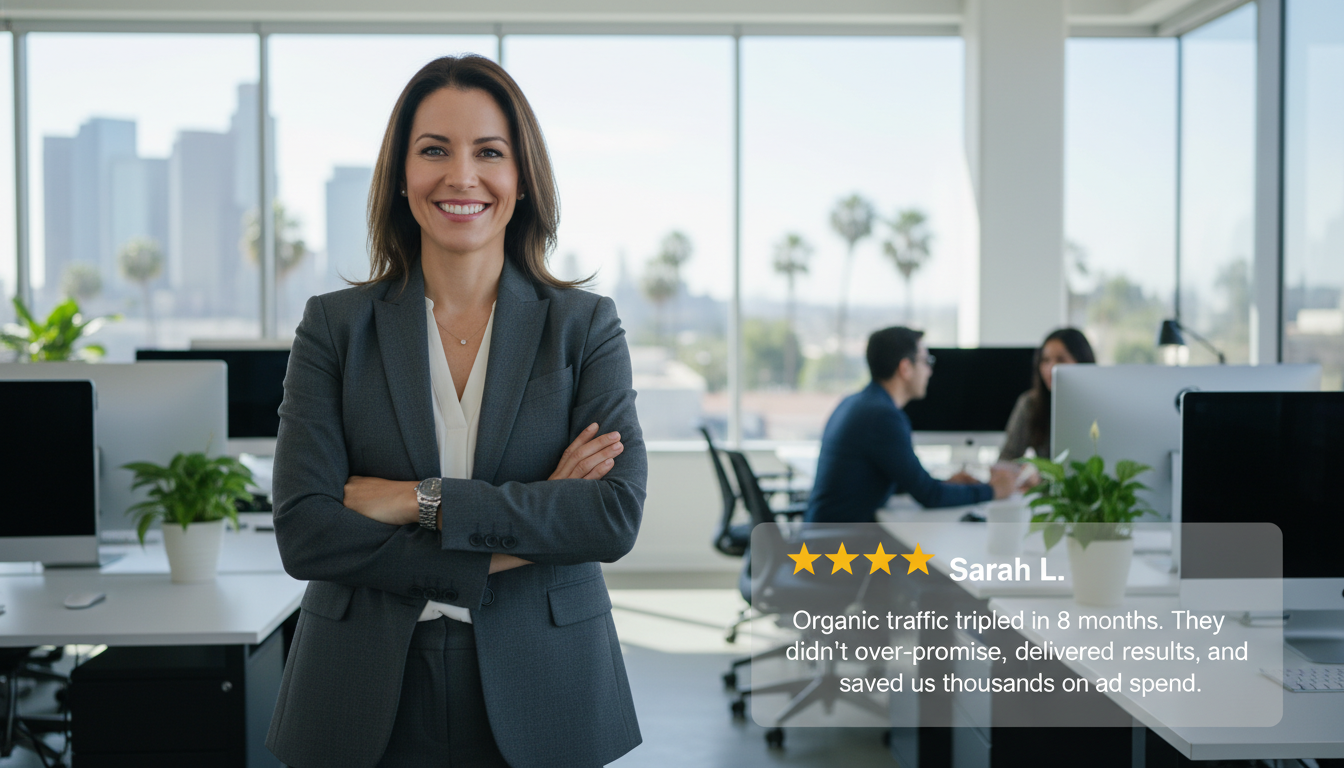 Satisfied Los Angeles business owner testimonial: five-star review about tripled organic traffic and savings