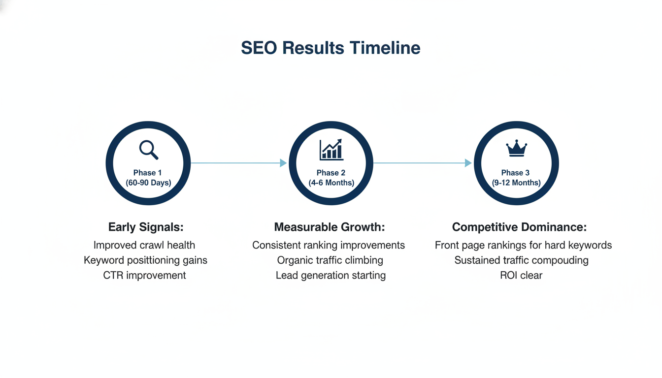 SEO results timeline showing 60-90 days, 4-6 months, and 9-12 months milestones with expected outcomes