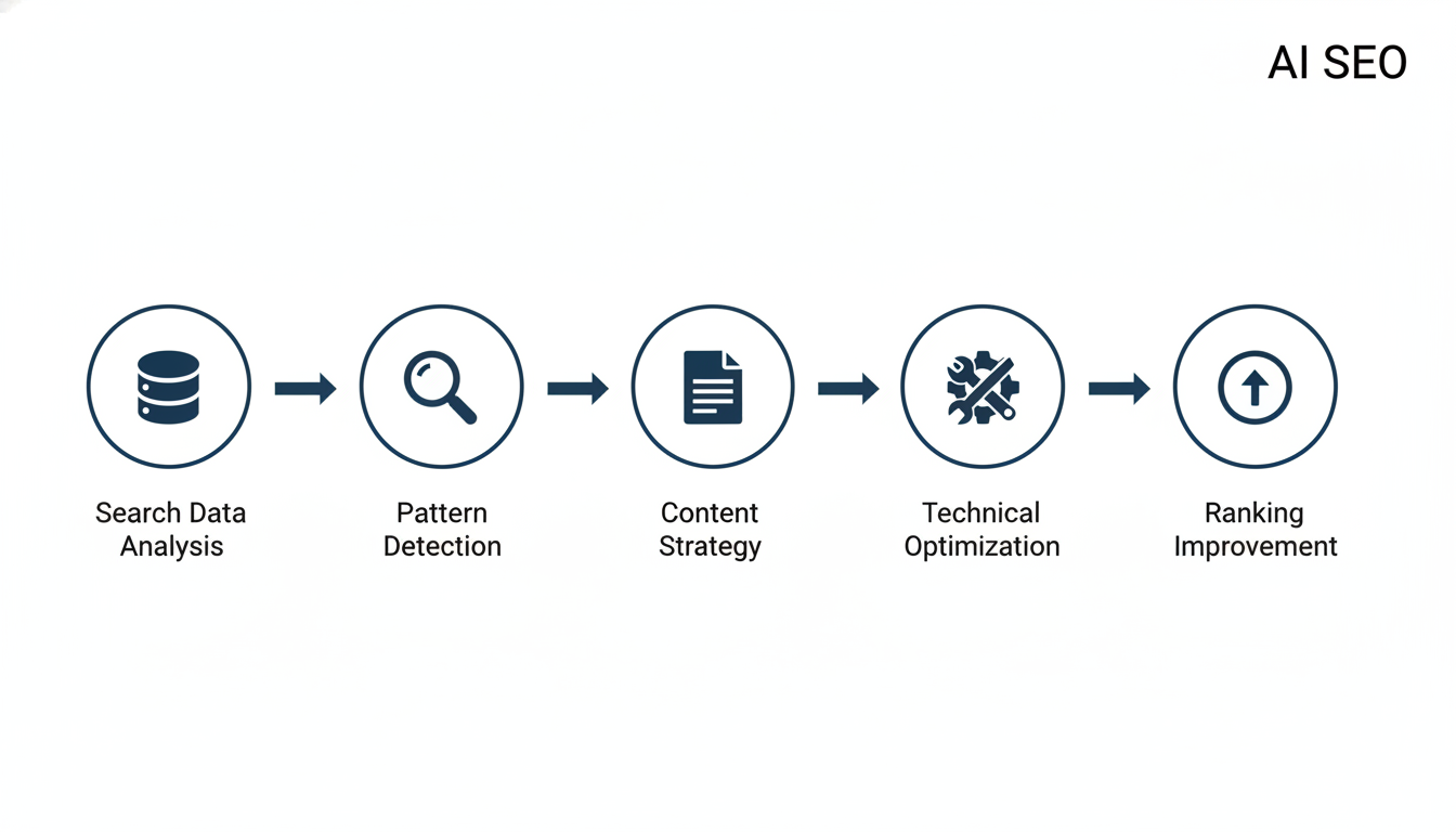 AI SEO workflow process diagram: Data Analysis to Pattern Detection to Content Strategy to Optimization