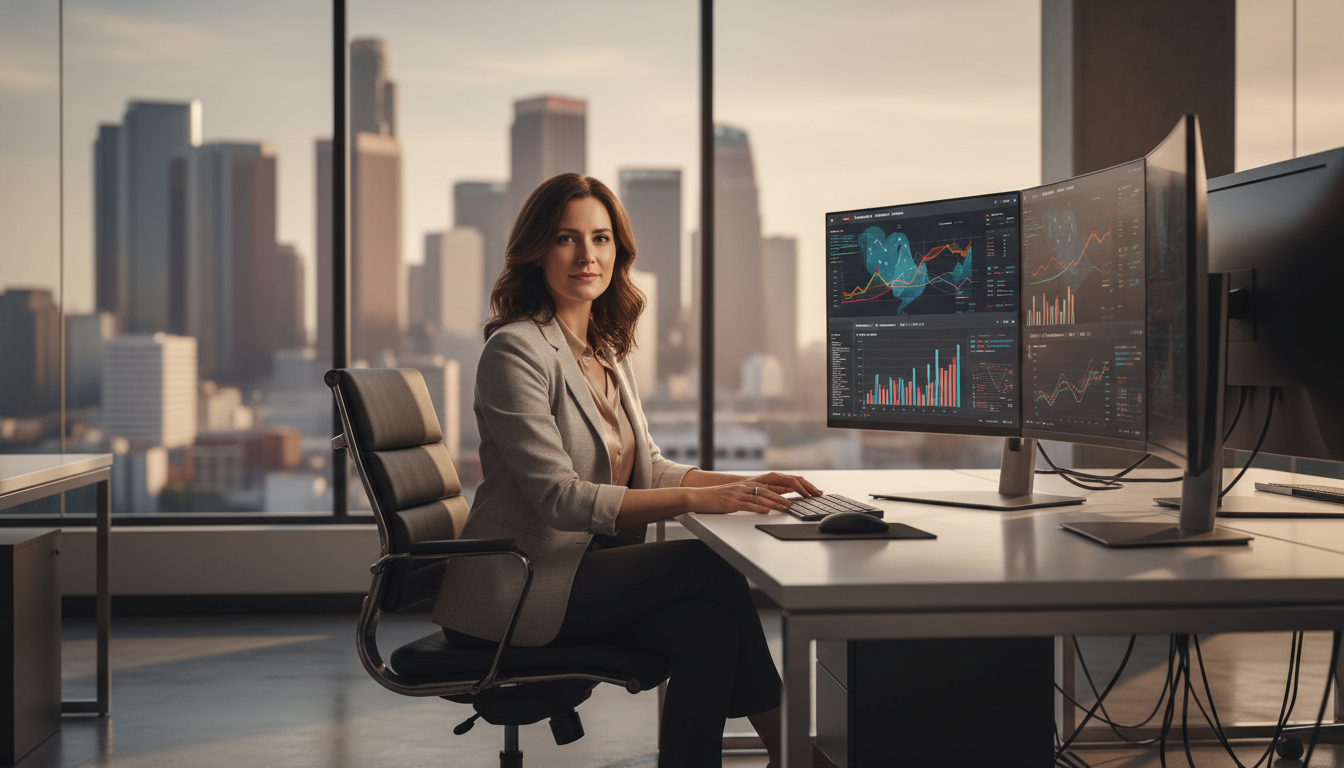 Professional SEO strategist analyzing analytics dashboards in modern Los Angeles office with natural window light