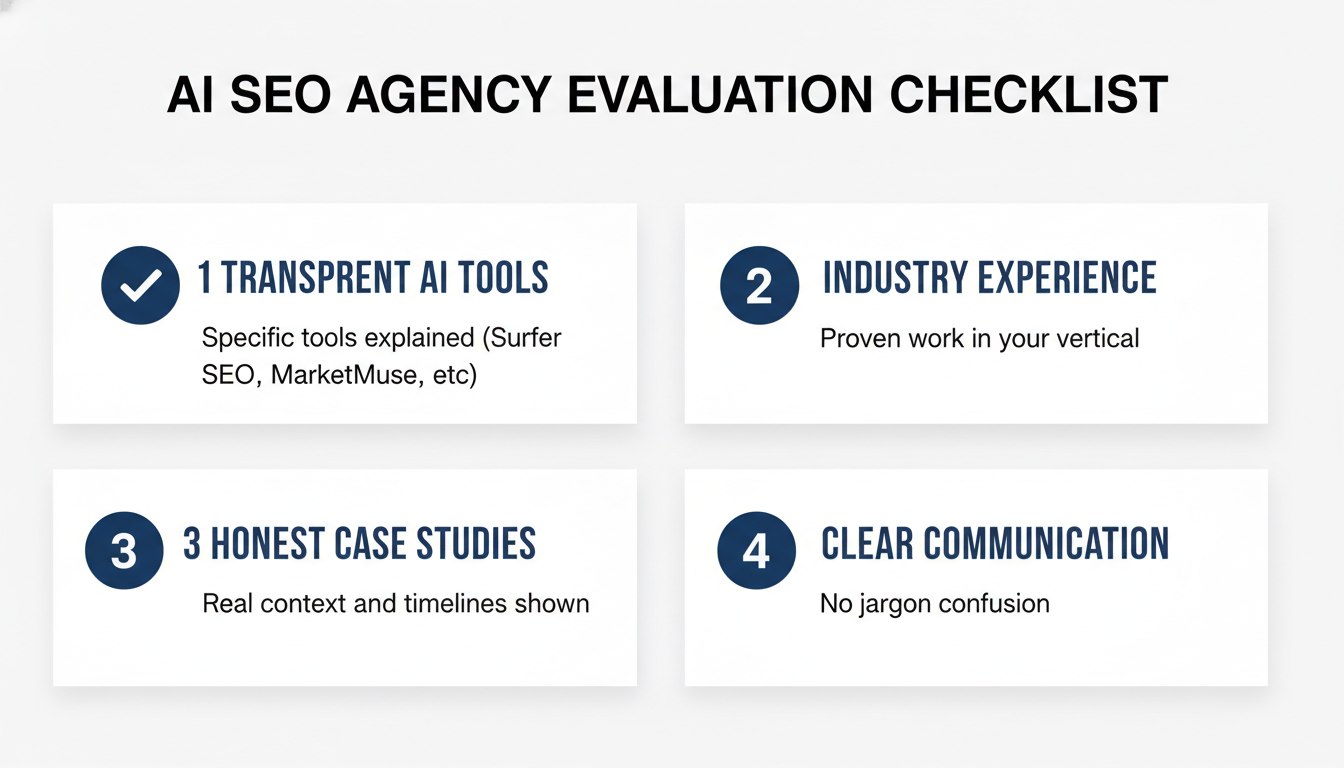 AI SEO agency evaluation checklist with four criteria: Transparent Tools, Industry Experience, Case Studies, Communication