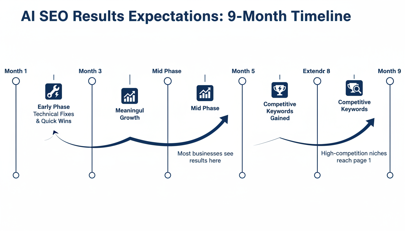 AI SEO results timeline showing expected growth milestones over 9 months in Los Angeles