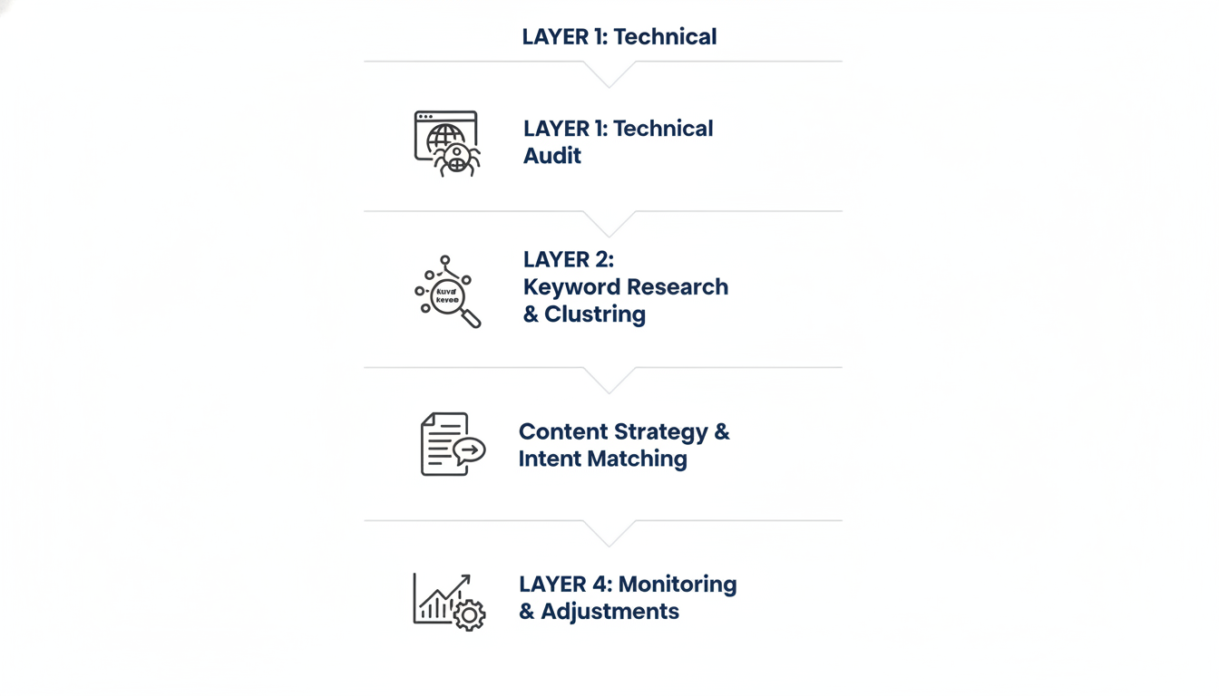 Four-layer AI SEO methodology flowchart: technical audit, keyword research, content strategy, monitoring