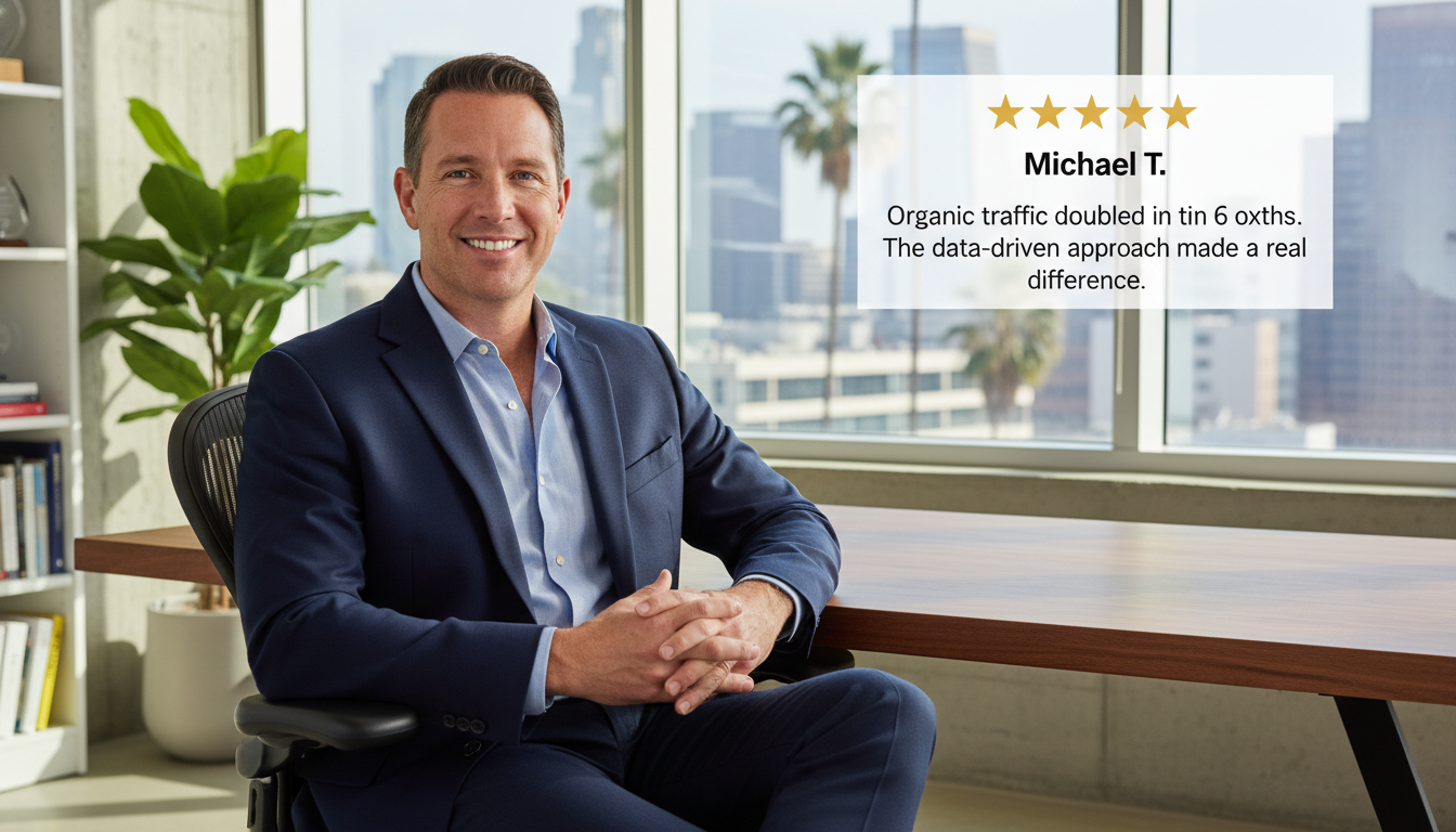 Business owner testimonial: 5-star review praising doubled organic traffic with AI SEO services
