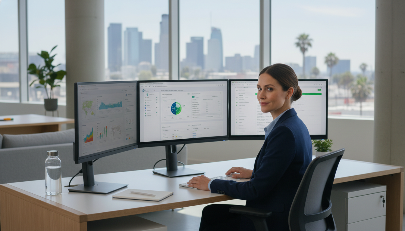 SEO strategist analyzing AI-powered analytics on monitors in modern Los Angeles office