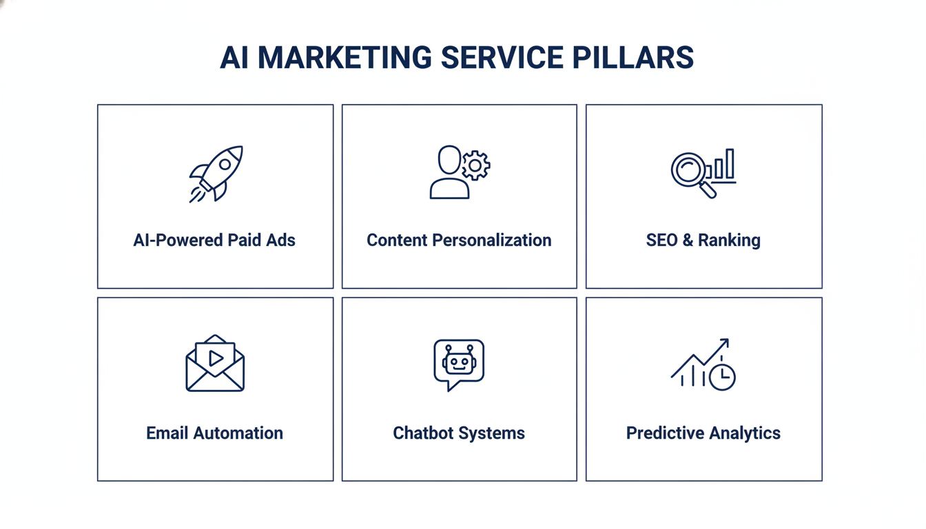 Six AI marketing service pillars: paid ads, personalization, SEO, email, chatbots, analytics