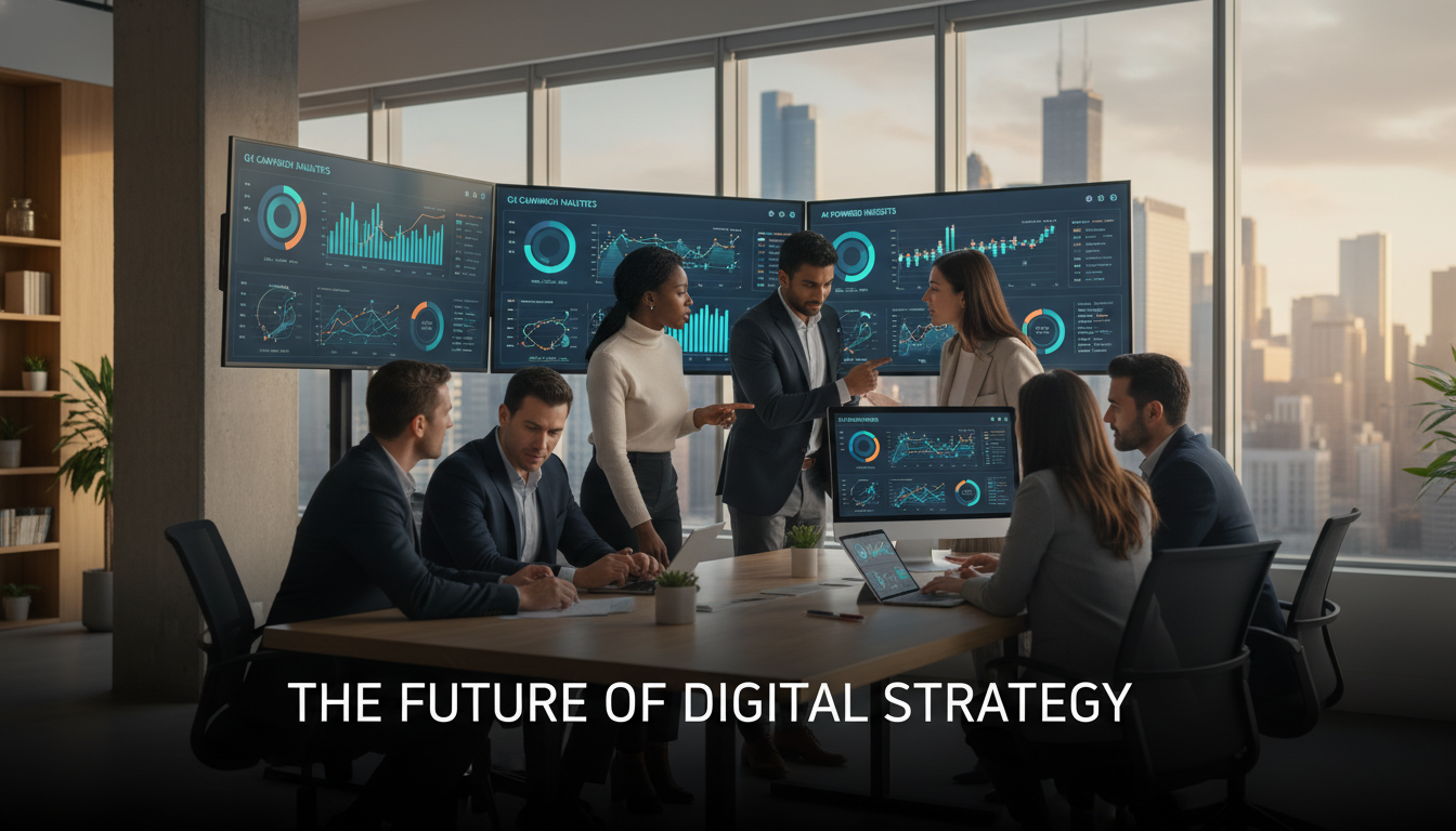 AI marketing team strategizing with data dashboards in modern Chicago office space