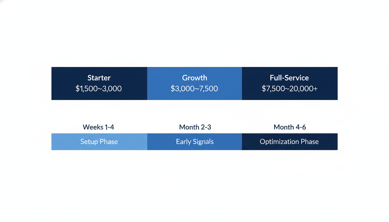 AI marketing pricing tiers and 6-month timeline breakdown chart for Chicago agencies